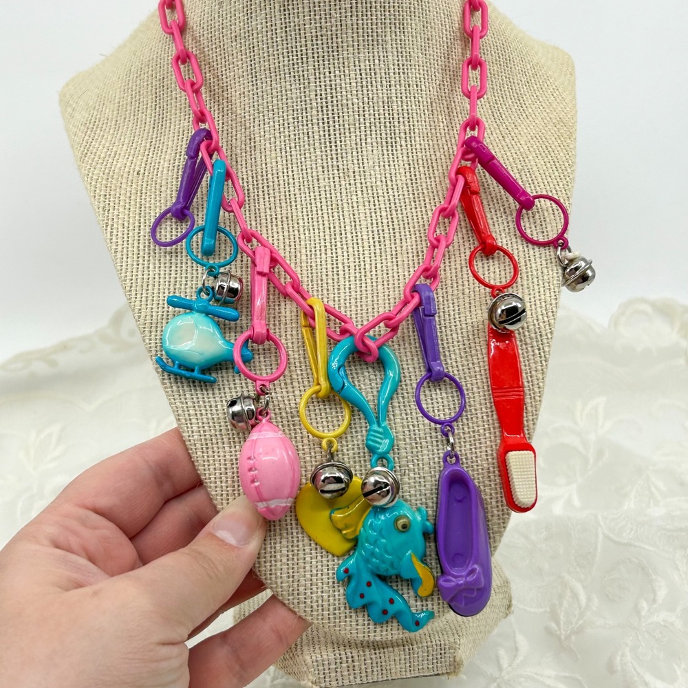 Vintage 80s Plastic Charms Clip and Bell Necklace Pink Chain Funky Colorful Toy - Picture 3 of 13